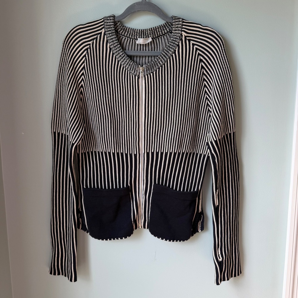 M.PATMOS Vertical Stripe Full Zip Cardigan Sweater Black White Mercerized Cotton